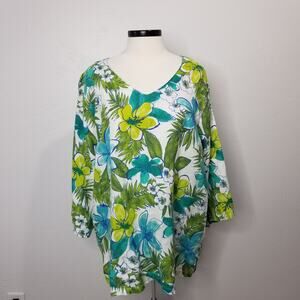 Hot Cotton Shirt Womens 2XL Linen Tunic Top Green Blue White Floral Made USA